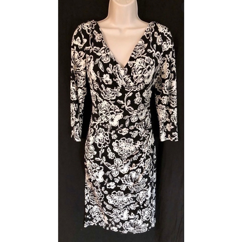 Ralph Lauren Black and White Floral Midi Long Sleeve Dress